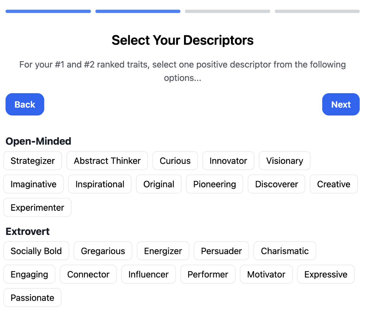 TLT Digital Coach product screen for selecting positive personality descriptors