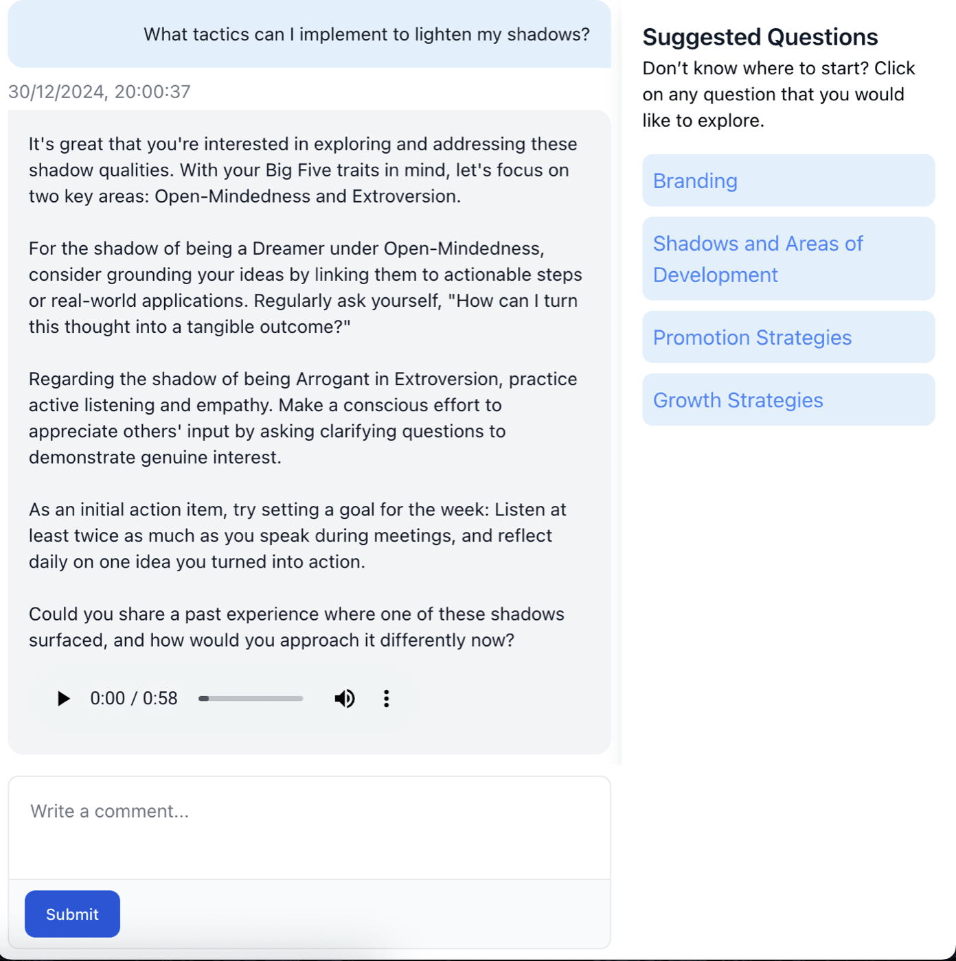 TLT Digital Coach product screen showing a personalized executive coaching conversation