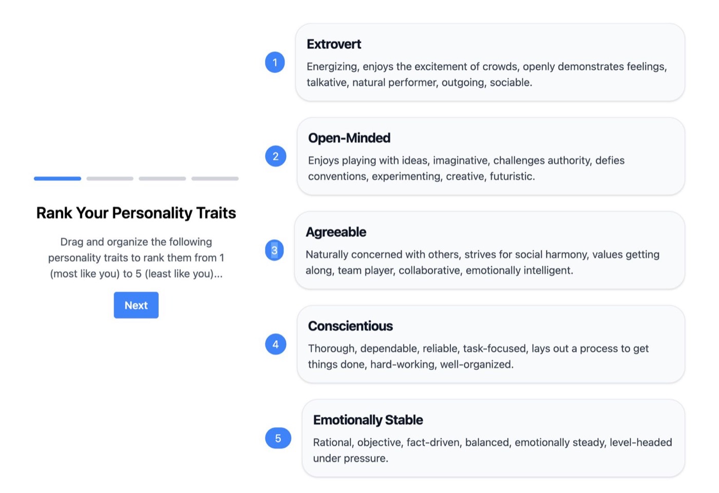 TLT Digital Coach product screen for ranking personality traits
